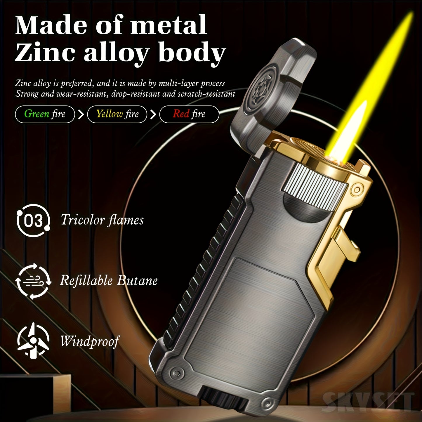 Butane Lighter Available in Three Colors, Featuring a Flame Switch, Windproof Design, And Direct Ignition. This Inflatable Lighter Is Made of Metal And Allows for Flame Size Adjustment