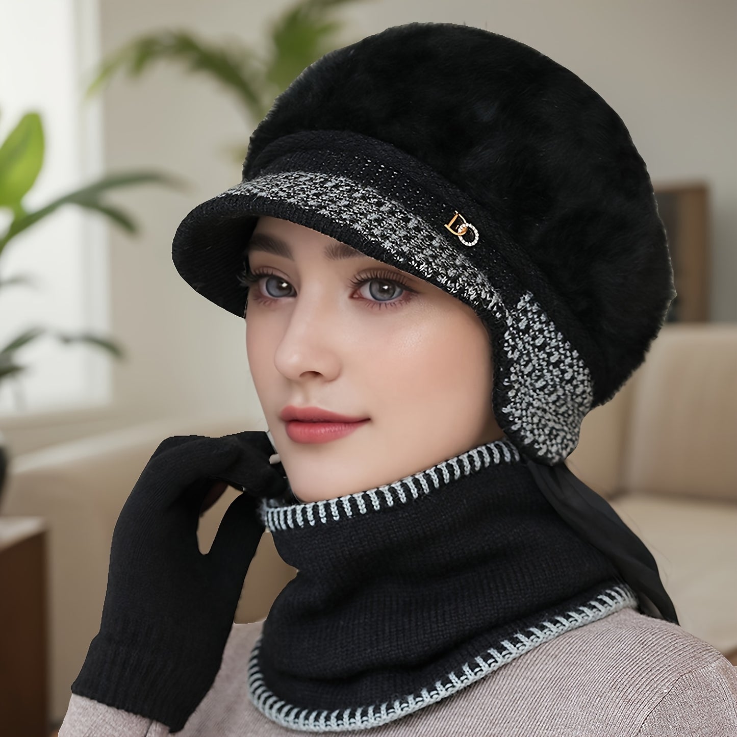 1pc Women's Winter Warm Ears- -like Hat with Elastic - Adjustable Toggle Closure, Soft Beige/Brown Tassels - Lightweight Warm for Elderly/Grandmothers/Mothers - Christmas/Hiking/Running - European-Inspired Gift (