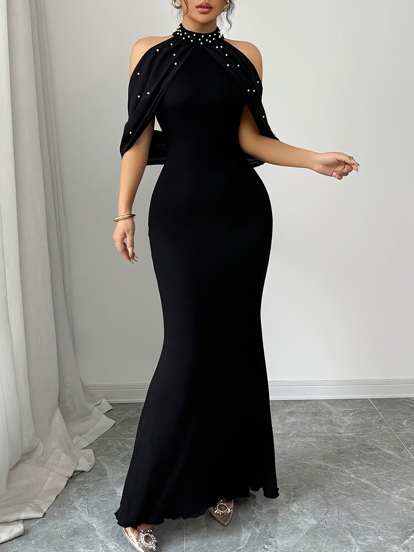 Women's Elegant Off-Shoulder/One-Shoulder Mermaid Dress with Beaded Asymmetrical Hem & Lantern Sleeves - Slim-Fit Formal Party Wedding Gala Gown, Machine Washable Black Evening Dress for all-Season wear