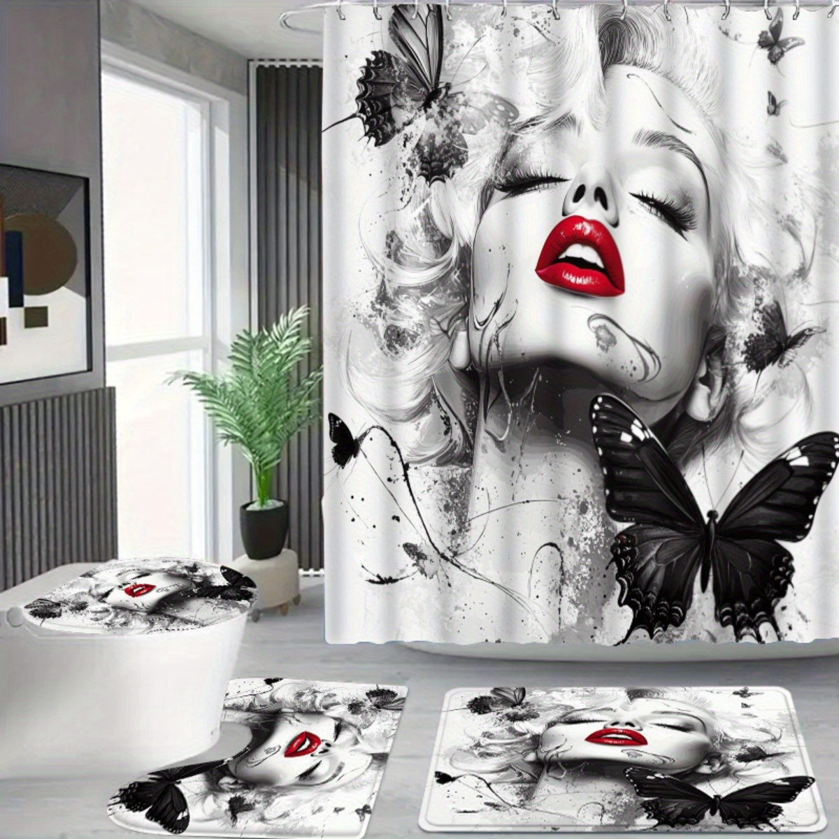 1/3/4pcs Butterfly Kiss II Shower Curtain Set, Black and White Background Red Lip Butterfly Print Bathroom Decor, Includes Bath Mat, U-Shaped Mat, Toilet Lid Cover, 70.87x70.87inch, Curtain with 12 Hooks, "Butterfly Kiss II,