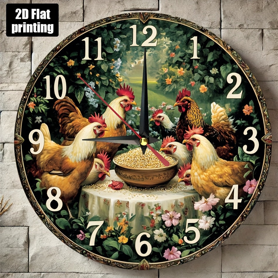 Farmhouse Chicken Rooster Wall Clock - Silent Non-Ticking Round Farm Decor with Golden Hands, Rustic Kitchen, Living Room, Bedroom Decoration - Easy-to-Read Large Numbers - Battery Operated (AA Not Included) - Durable Artific