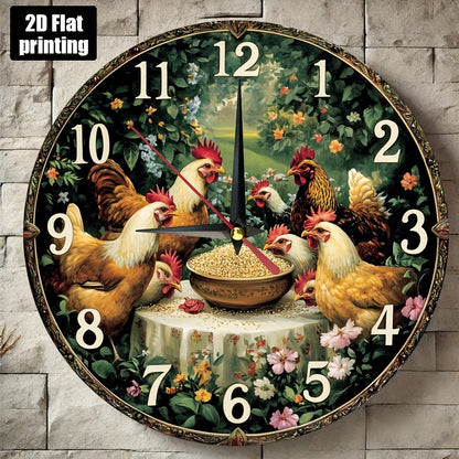 Farmhouse Chicken Rooster Wall Clock - Silent Non-Ticking Round Farm Decor with Golden Hands, Rustic Kitchen, Living Room, Bedroom Decoration - Easy-to-Read Large Numbers - Battery Operated (AA Not Included) - Durable Artific