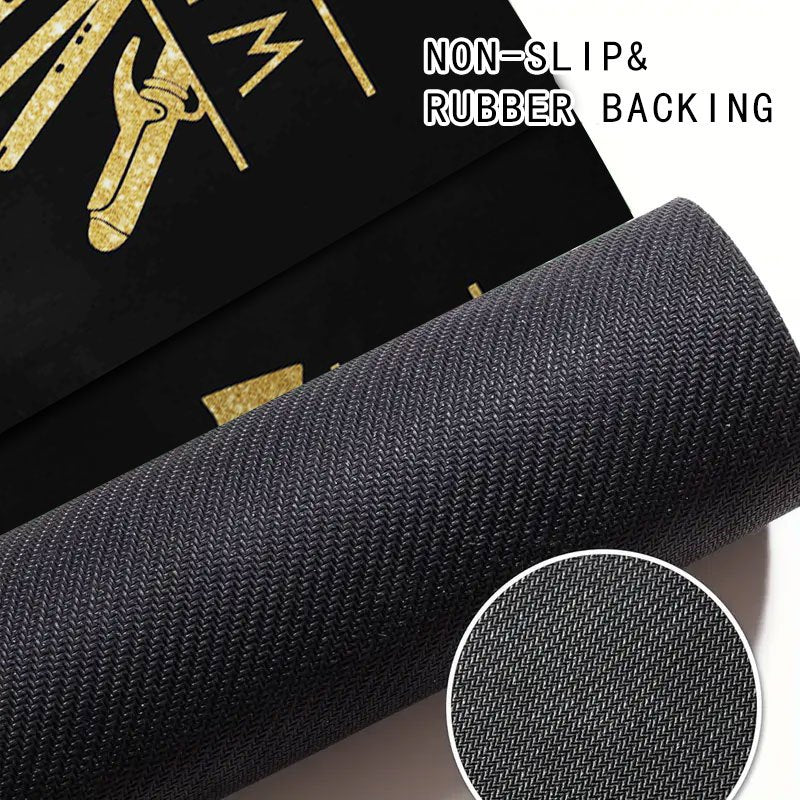 1pc Salon Barber Shop Mat - Anti-Slip Bathroom with Golden Hair Tools Design (Scissors, Comb, Boots), Extra Large Non-Slip Door Mat for Salon, Bathroom, Entryway - Machine Washable Heavy-Duty Rubber Base - Ideal Gift for Hair