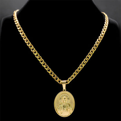Men's Sacred Heart Necklace - Elegant Golden Medal Pendant, Durable Chain for Formal & Everyday Jewelry - Ideal Gift for Birthdays, Anniversaries, Father's Day - Year-Round Luxury Necklace for Him, Classic Link Chain, Robust