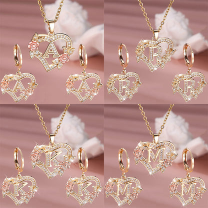 3pcs Women's Initial Jewelry Set - Heart-Shaped Interlocking Link Necklace & Earrings with 26-Letter Monogram, Elegant Golden-Tone -Accented Letters, Dainty Everyday Gift for Mother's Day, Graduation, Birthdays (Pink & Clear