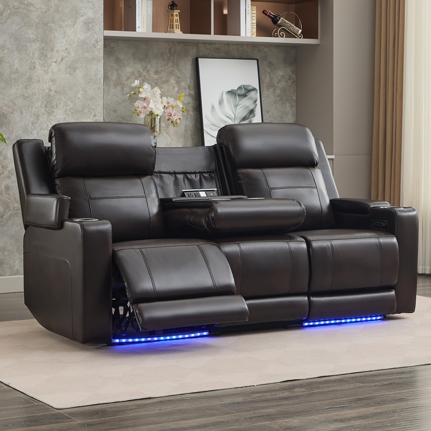 Consofa Leather Reclining Couch, Dual Motor Power Reclining Sofawith Power Headrest/LED Light/Armrest Storage, Recliner Sofa 3 Seater for Living Room/Apartment/Bedroom, Living Room Seating, Apartment Furniture, Stylish Reclin