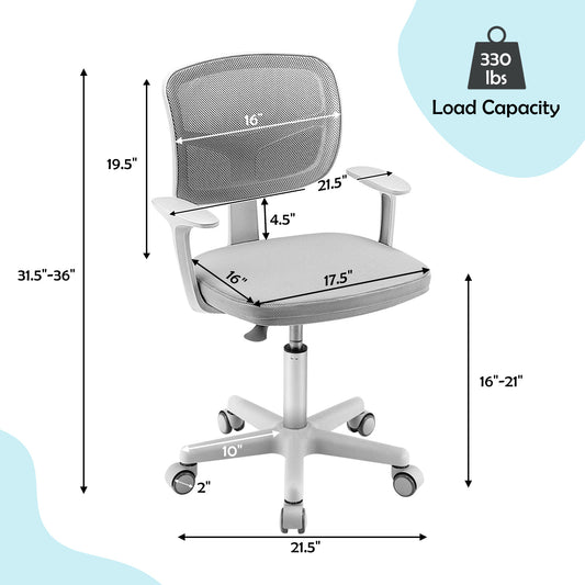 COSTWAY Kids Adjustable Height Desk Chair with Ergonomic Y-Shaped Back Support, 360° Swivel & 5-Wheel Mobility, Heavy-Duty 330 lbs Capacity, Mesh & Cushioned Seat with Armrests - Heavy-Duty Plastic Construction, Easy Assembl