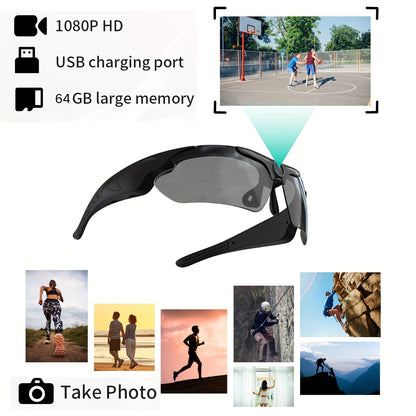 1080P HD Video Camera Glasses, Outdoor Sports DV Camera, Smart Glasses, Wide-Angle 120 ° Glasses Camera, Body Camera, Cycling, Motorcycle, Bicycle, with 64GB Storage Card