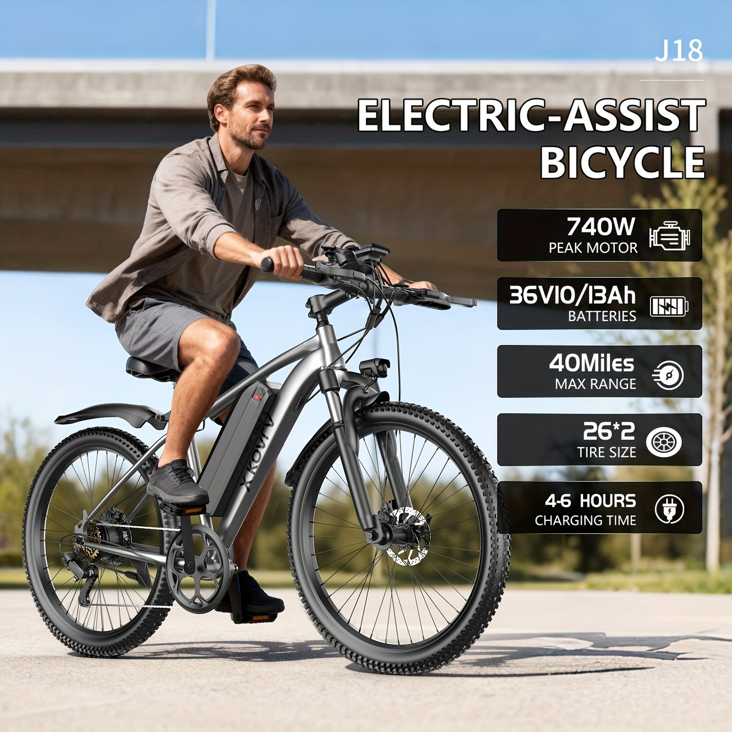 26 Inch Adult Electric 48V10Ah Removable Battery 740W Peak Motor 20 MPH All-Terrain Mountain E- with Front Suspension, Disc Brakes & LCD Display - Heavy-Duty Tire Conversion (Compatible with 110-240V) for Men &