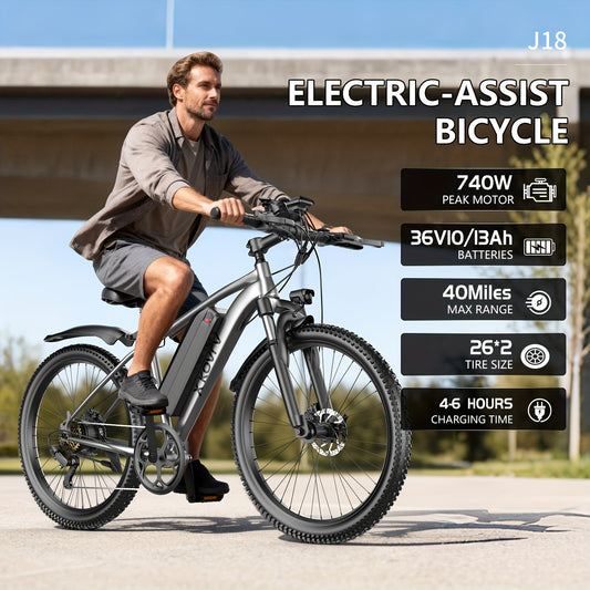 26 Inch Adult Electric 48V10Ah Removable Battery 740W Peak Motor 20 MPH All-Terrain Mountain E- with Front Suspension, Disc Brakes & LCD Display - Heavy-Duty Tire Conversion (Compatible with 110-240V) for Men &