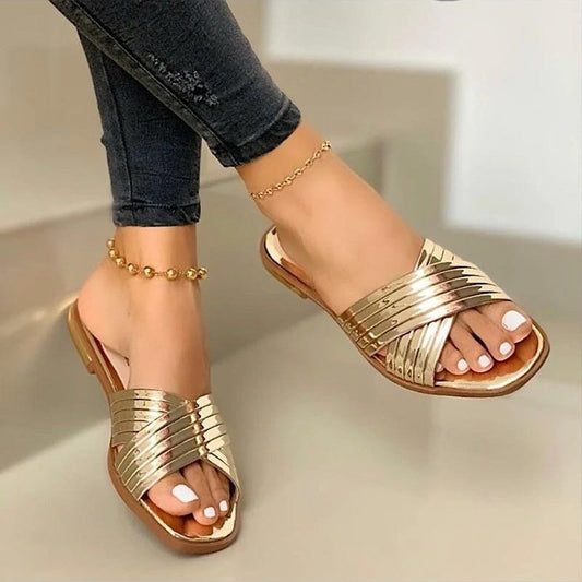Women's Slip- Comfortable Flat - Open-Toe Mules with Arch & Cushioned Insole, Low-Heel PU Sole, Golden Buckle Strap - Casual to Formal Summer Shoes (EU 36-43, US Women's 5-10) - Ideal for Beach, Office, Semi-Formal Events - E
