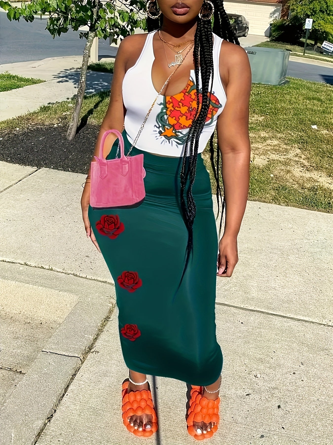 Women'S Floral Print Two-Piece Set - Sleeveless Crop Top & High-Waisted Skirt, Vibrant Red & Orange Floral Design, Medium Stretch Fabric, All-Season Casual Attire, Casual Attire|Floral Print Top|Stretchy Fabric, Floral Print