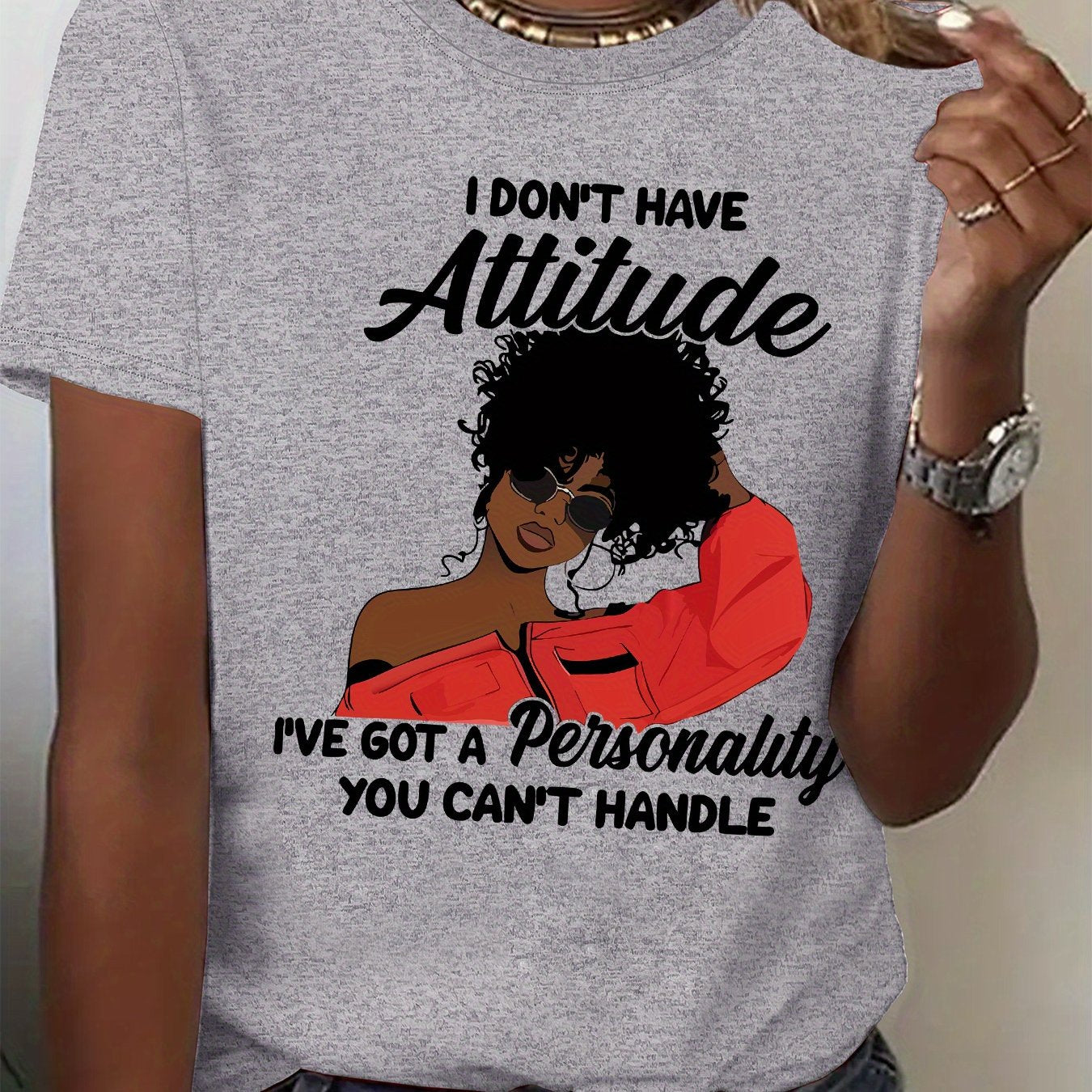 Women's "I Don't Have Attitude" Slogan Graphic T-Shirt - Vibrant Red Short Sleeve Crew Neck Casual Top with Bold Text & Fashion Glasses Design, Machine Washable All-Season Comfort Fit Tee, Fashionforward Look, Durable Fabric