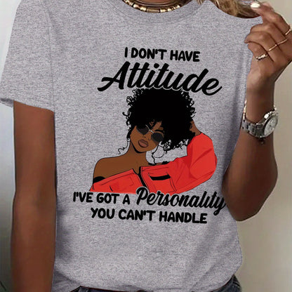 Women's "I Don't Have Attitude" Slogan Graphic T-Shirt - Vibrant Red Short Sleeve Crew Neck Casual Top with Bold Text & Fashion Glasses Design, Machine Washable All-Season Comfort Fit Tee, Fashionforward Look, Durable Fabric