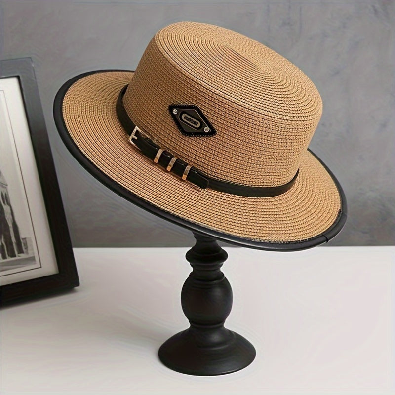 French Retro British Summer Flat Brim Hat - Adjustable Unisex Outdoor Wide Brim Hat with Decorative Buckle and Black Ribbon, Fashionable Sun Hat for Men and Women | Elegant Accessories | Exquisite Weaving, Stylish Headwear, C