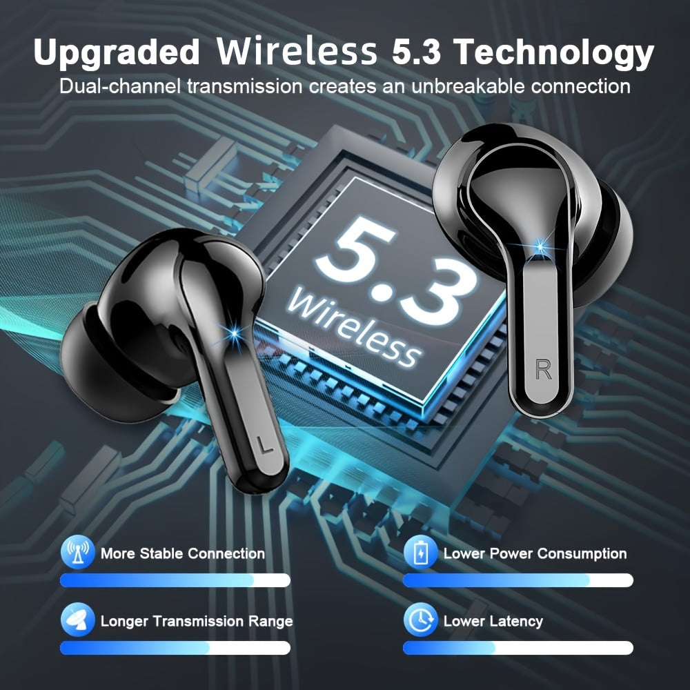 Wireless Earbud, Wireless Headphones 5.3 Stereo Bass Earphones, Ear Buds 40H Dual Mic Call, Earbud in-Ear USB-C LED Display Sport Headset