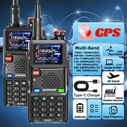 2 Pack Baofeng 5RH PRO GPS Long Range Handheld Two Way Radio with NOAA Weather Receiver, 10W High Power, 2500mAh Battery & USB-C Charger, 5RM Upgrade, UHF/VHF Multi-Band, GPS Tracking, Compatible with Smartphones/Tablets, Sur