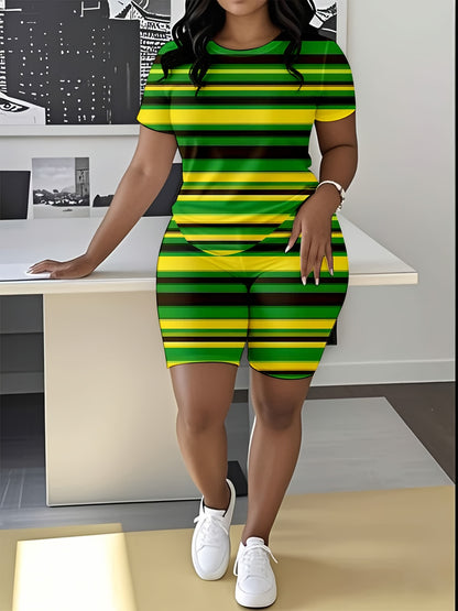 Women'S Summer Casual Two-Piece Set - Color Block Striped Round Neck Short Sleeve Top & Shorts, Polyester Blend, Machine Washable