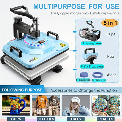 Advanced 8-in-1/ 5-in-1 - 15"x12" Heat Press Machine Set, Multi-Size Transfer Professional Sublimation Combination, With DUAL-TUBE HEATING And LED Lights, Suitable For T-shirts, Bags, Pillows, Hats, Beanies, Roller - Rotatabl