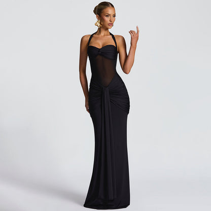 Women's Elegant Ruched Halter Neck Maxi Dress, Slim Fit Summer Party Dress