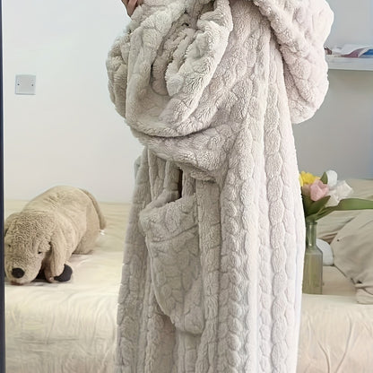 Women's Thickened Winter Pajamas & Sleep Dress - Hooded Button-Front Nightgown with Pockets, Solid Color Jacquard Long Sleeve Nightwear Suitable for Autumn, Winter & Year-Round Use