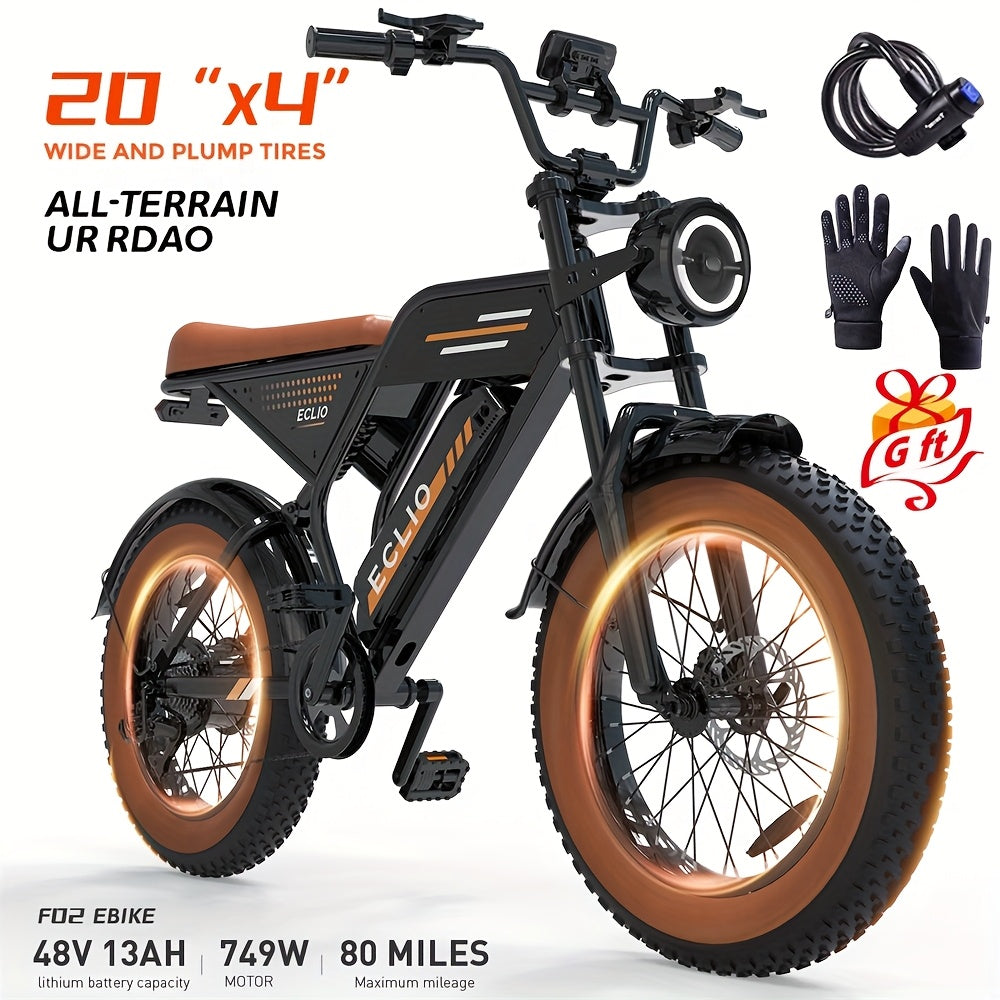 ECLIO F02 Electric Bike for Adults, 20"×4" Tire Ebike, Electric Bicycle with 48V 13Ah Removable Battery, 749W Brushless Motor, 20MPH EBike, 80-Mile Range for All Terrain, Dual Suspension and Hydraulic Brakes