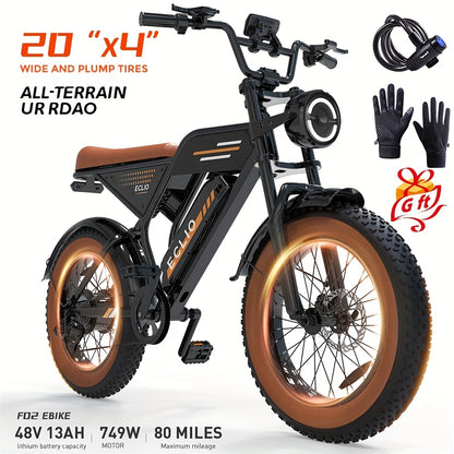 ECLIO F02 Electric Bike for Adults, 20"×4" Tire Ebike, Electric Bicycle with 48V 13Ah Removable Battery, 749W Brushless Motor, 20MPH EBike, 80-Mile Range for All Terrain, Dual Suspension and Hydraulic Brakes