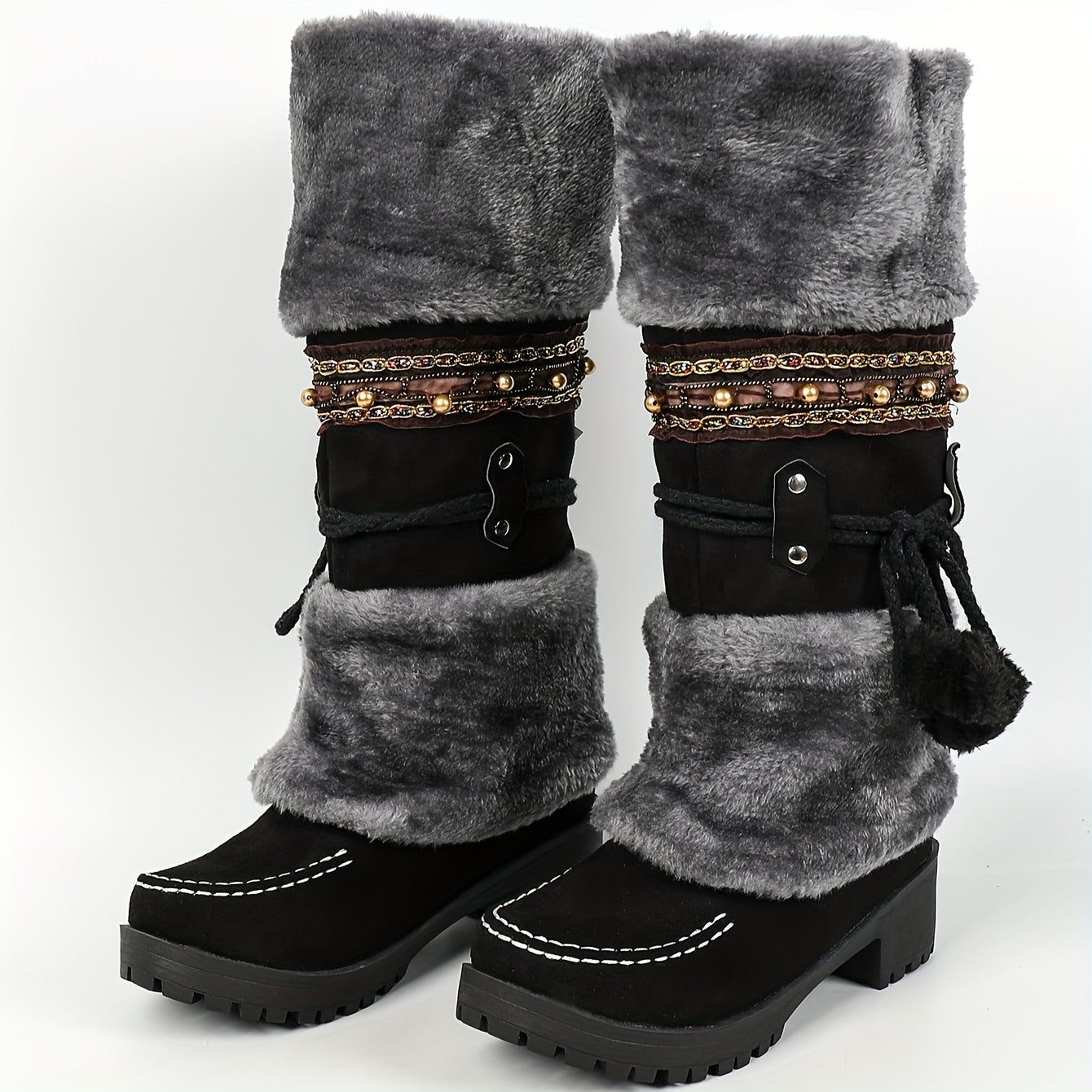 Ethnic Cowboy Boots for Men - Women's Mid-Calf Boots - High Heel Ankle Boots with Faux Fur Lining - Autumn and Winter