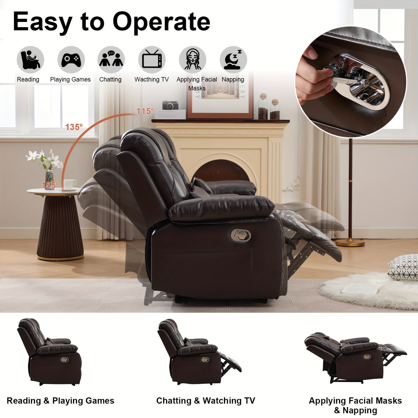 63" Brown Faux Leather Recliner Sofa with Console, Cup Holders, Lumbar Pillow & Storage Pocket - Contemporary Metal Frame Office Chair for Home or Office Use