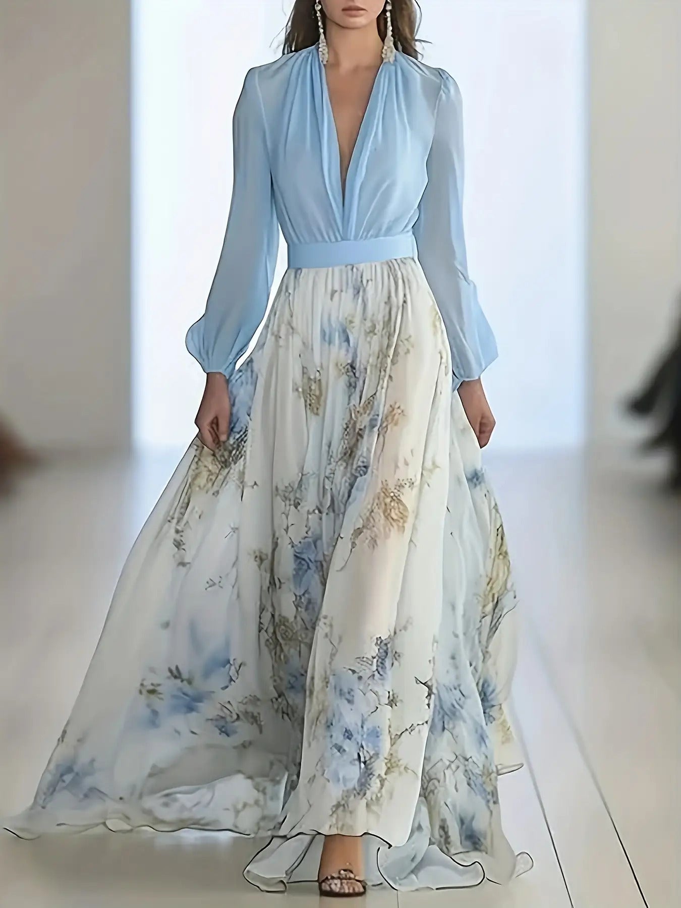 Elegant Long Dress for Women with a Deep V-Neck, Featuring a Bohemian Floral Chiffon Design