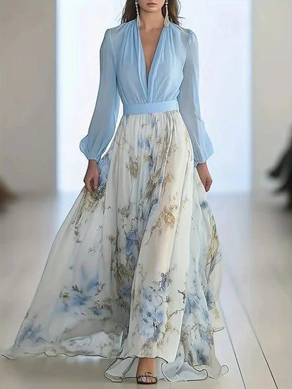 Elegant Long Dress for Women with a Deep V-Neck, Featuring a Bohemian Floral Chiffon Design