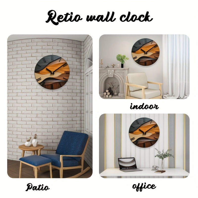 [Artistic Wall Clock] 12-inch Artistic Round Glass Wall Clock, Silent Non-Ticking High Quality Movement, 3mm Thickened Steel Tempered Glass, Faux Wood Grain Nordic Style with Corrugated Design | 1pc, Living Room Bedroom Home