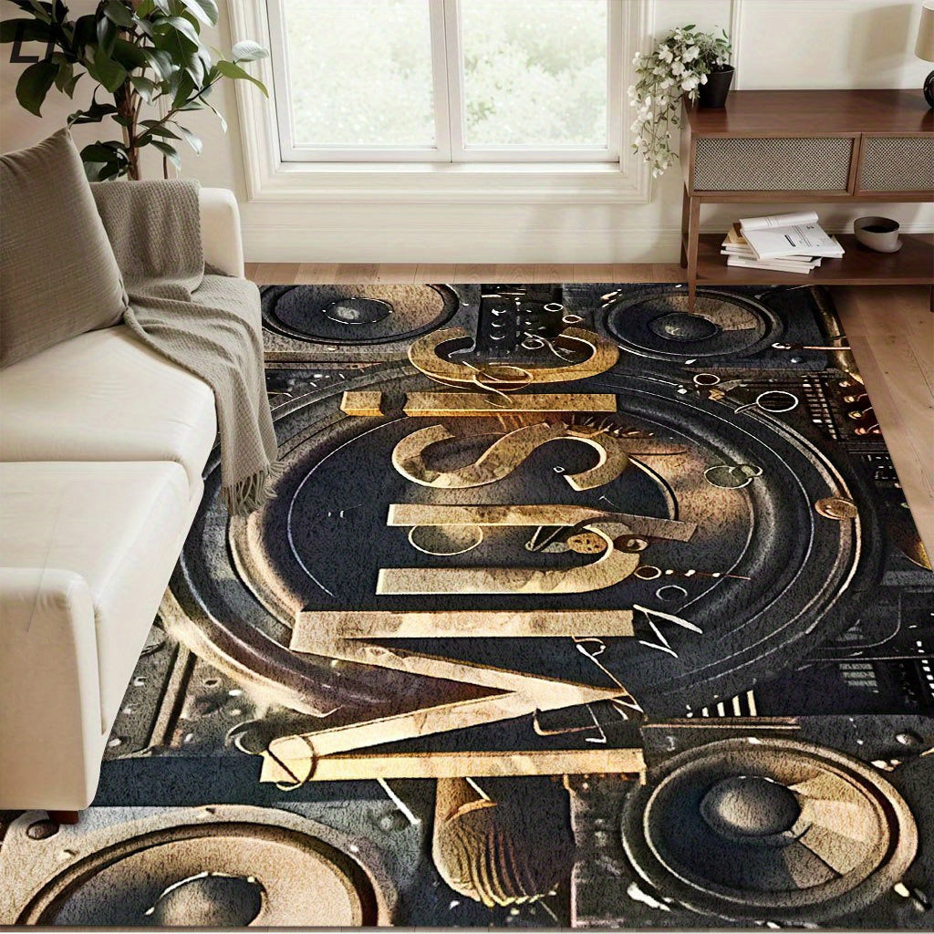 Stylish Music Decor - Music-Themed DJ-Inspired - Large Rectangular Mat with Sound Wave & Speaker Design - Heavyweight 850gsm Mat - 5mm Thick Non-Slip Backing - Machine Washable - Black & Golden Music Note Floor Mat - For Livi