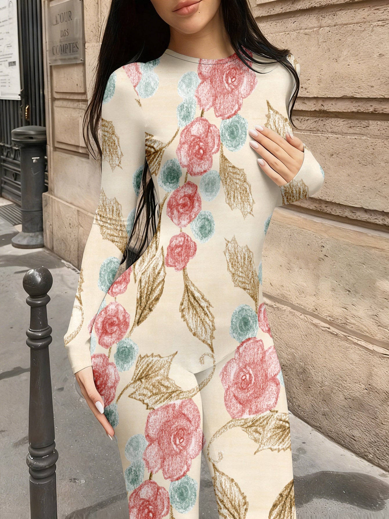 Asual Fashionable Sexy Long Sleeved Tight Fitting Jumpsuit Autumn Women's Trendy Printed Jumpsuit Top Women's Clothing