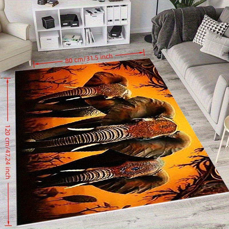 3-Elephant African Tribal Mat - Large Rectangular Floor Mat with Warm Brown/Beige/Black/Orange/ Golden/Gray Tones, Non-Slip Machine Washable Polyester Mat for Living Room, Bedroom, Entryway, Patio - Modern African Decor for H