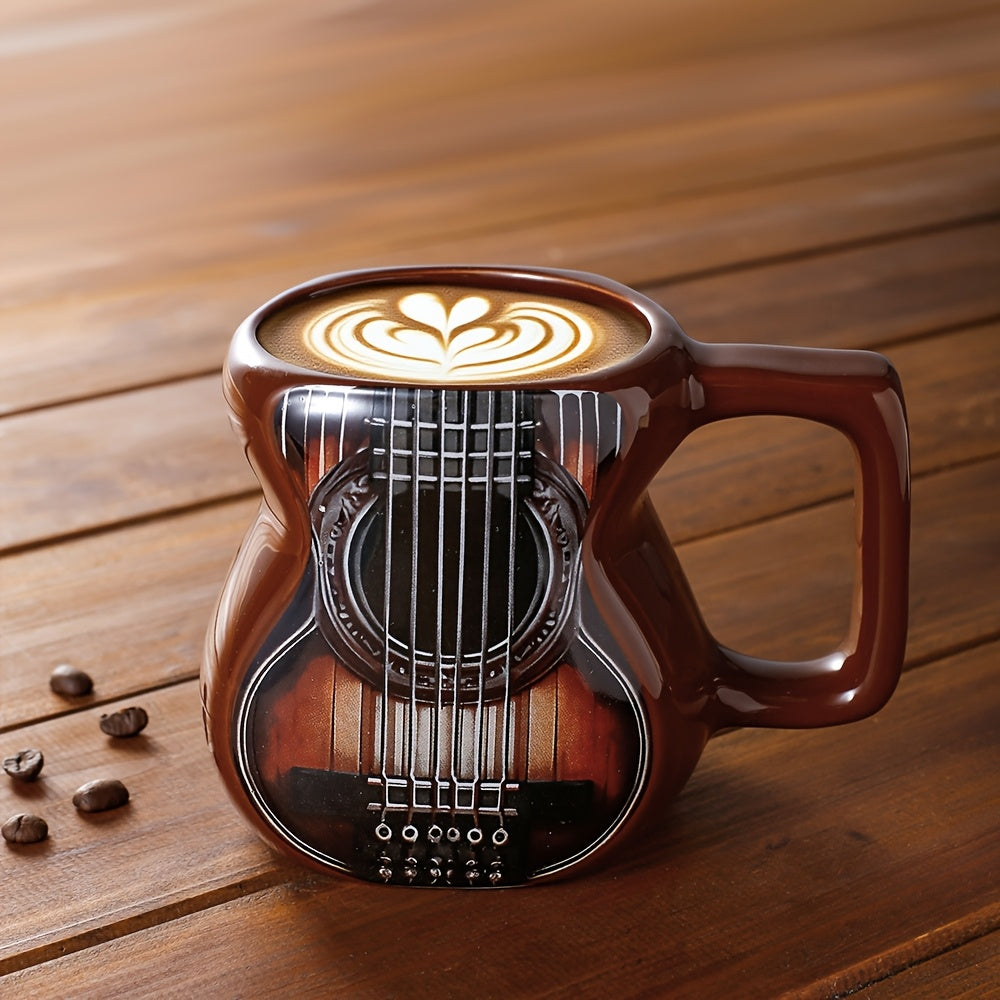 Guitar-Shaped Ceramic Mug - Large 500ml Music-Themed Coffee Cup with Spanish Lyre & Guitar Tab Design, Freezer- Lid, Hand Wash Only - Gift for Musicians, Musically-Inspired Drinkware for Home, Office, Dorm (Guitar Pick Accent