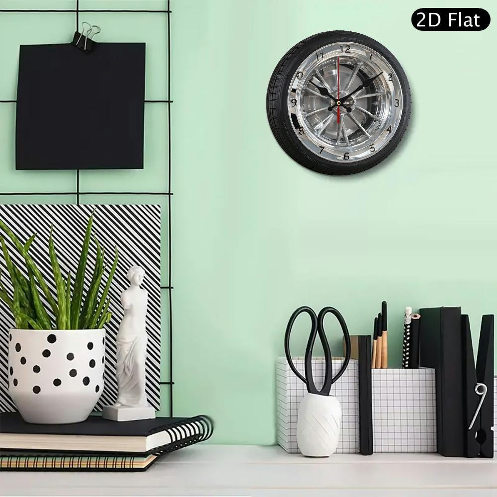 2D Flat 1pc Silent Wall Clock with Car Wheel Design Wooden Wall Clock, 10Inch Modern Home Decor for Living Room, Bedroom, Office - Father's Day, Birthday, Holiday Gift, Battery Not Included, Clock Wall Decor, Bedroom Accessor