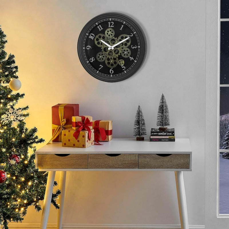 15 Inch Vintage Industrial Steampunk Metal Wall Clock with Moving Gears - Large & Golden Gear Mechanism, No Electricity Needed