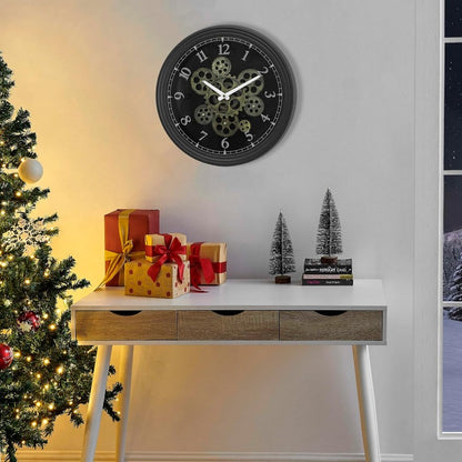15 Inch Vintage Industrial Steampunk Metal Wall Clock with Moving Gears - Large & Golden Gear Mechanism, No Electricity Needed