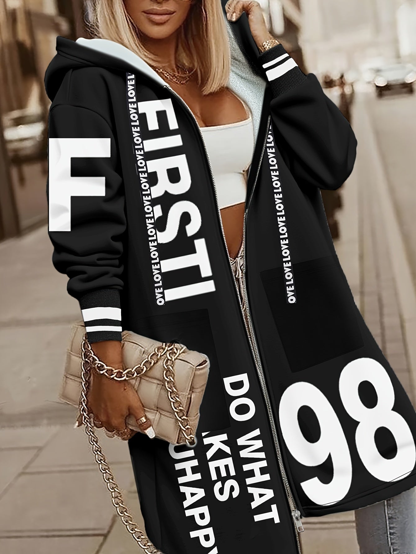 Women's Winter Hooded Jacket with 'LOVE' Lettering & -1 Zippered Coat, Striped Cuff & Pocket Design, Casual Warm Outerwear for Fall/Winter, (Machine Washable) - Everyday Outer Layer, Sweater-like Blazer Style