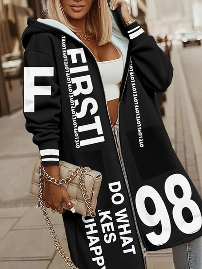 Women's Winter Hooded Jacket with 'LOVE' Lettering & -1 Zippered Coat, Striped Cuff & Pocket Design, Casual Warm Outerwear for Fall/Winter, (Machine Washable) - Everyday Outer Layer, Sweater-like Blazer Style