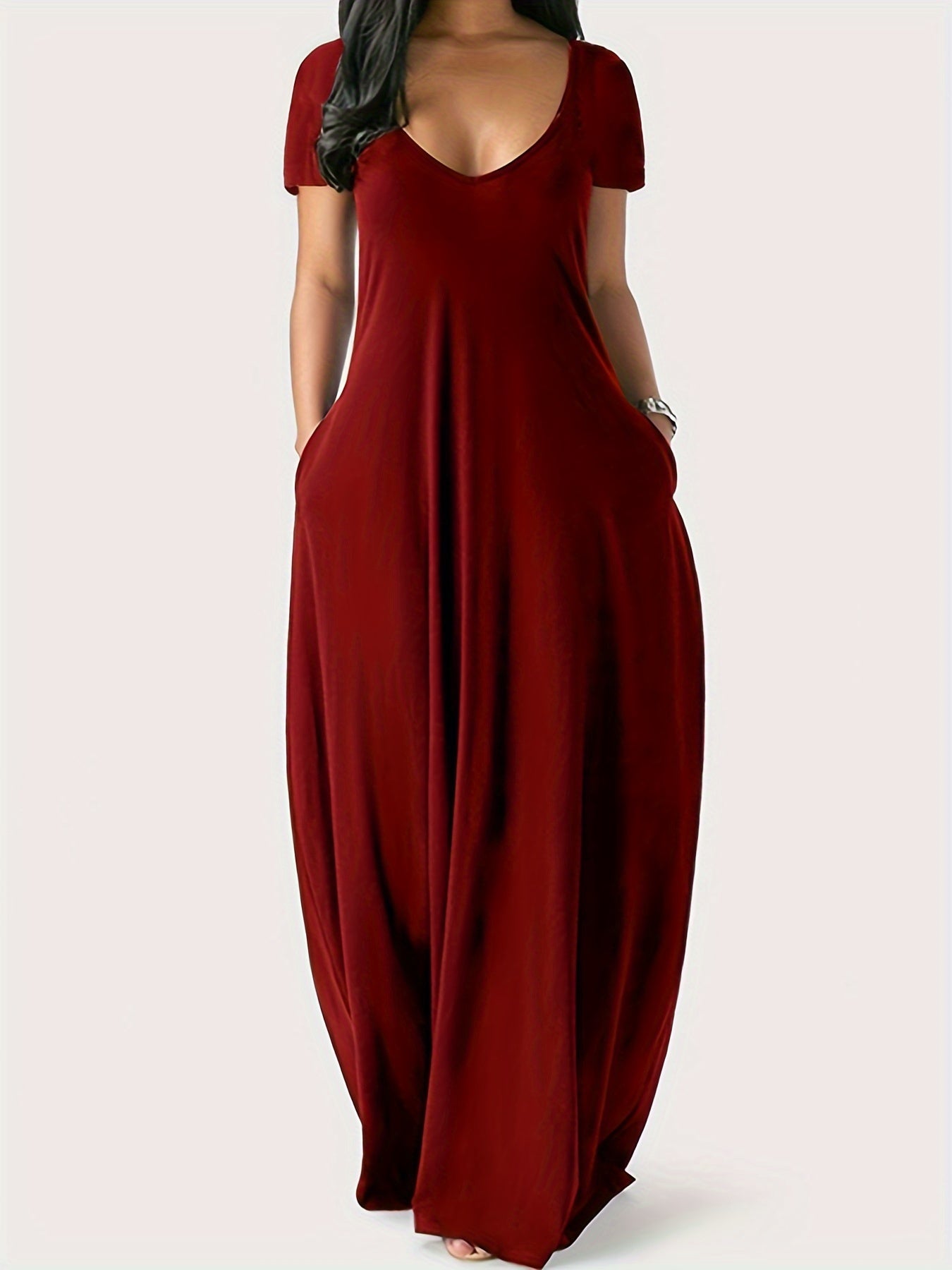 Solid Simple Dress, Casual Short Sleeve Maxi Dress With Pockets, Women's Clothing