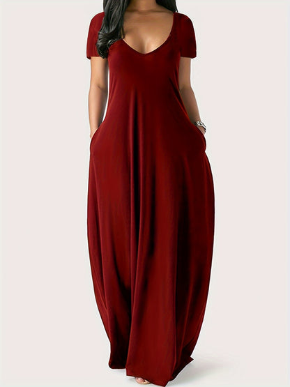 Solid Simple Dress, Casual Short Sleeve Maxi Dress With Pockets, Women's Clothing