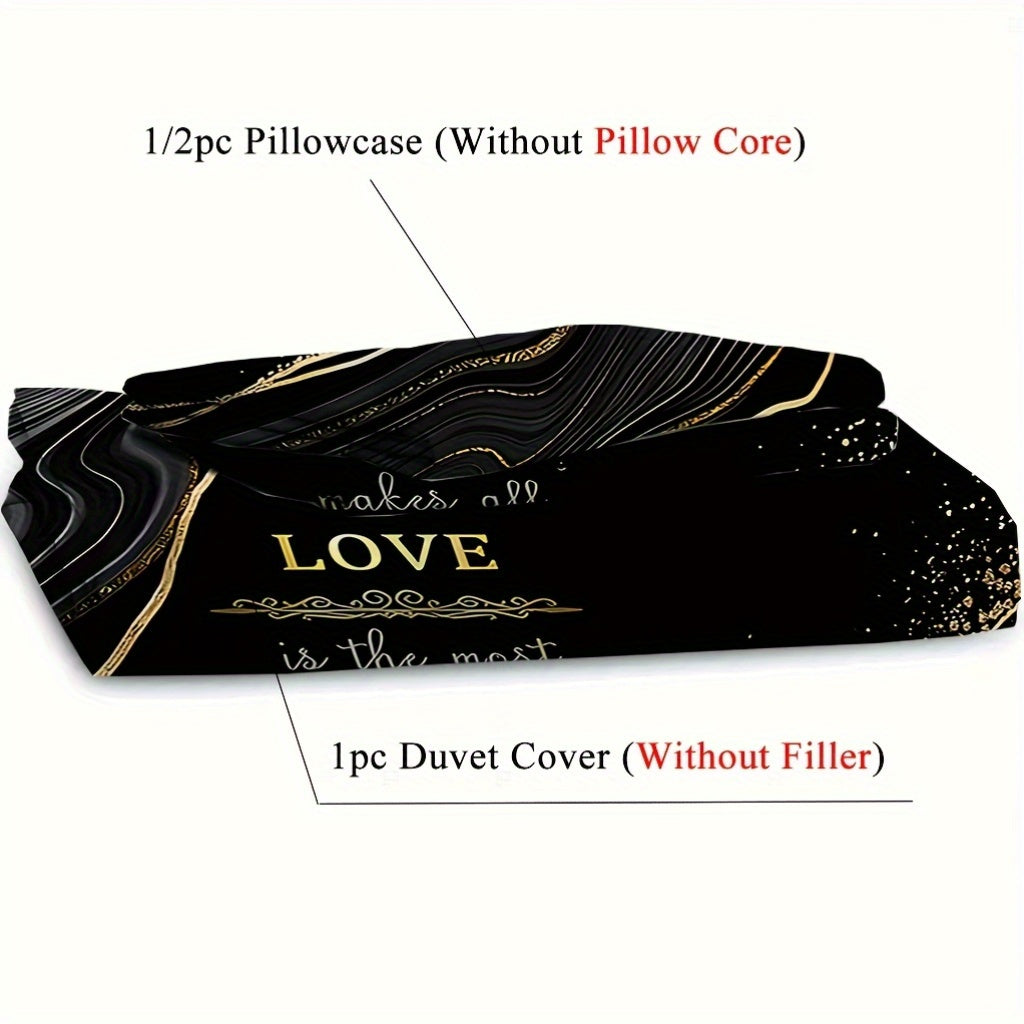 2/3pcs (1 Duvet Cover + 1/2 Pillowcase, Without Core) Black Golden Marble Cut Surface Message Luxury Style Print Soft Comfortable Bedding Set for Bedroom Dorm Room Family Gift