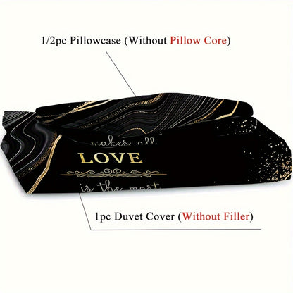 2/3pcs (1 Duvet Cover + 1/2 Pillowcase, Without Core) Black Golden Marble Cut Surface Message Luxury Style Print Soft Comfortable Bedding Set for Bedroom Dorm Room Family Gift