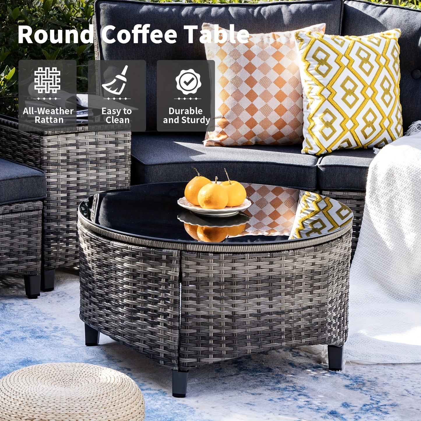 8-11pcs Outdoor Patio Furniture Set, Half-Moon Curved Sectional Sofa Rattan Patio Conversation Set with Wood Armrests for Porch, Backyard - Tempered Glass Round Coffee Table & Side Table, Patio Furniture And Decor, Patio Set,