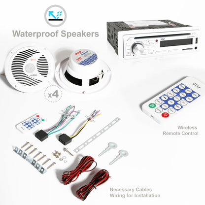 Pyle PLCDBT85MRW Marine Stereo Receiver Kit with Single DIN In-Dash LCD Digital Display, Built-in Bluetooth and Microphone, Includes Four 6.5” Waterproof Speakers, USB/SD/MP3/AUX/FM Radio Reader, Remote Control, Universal M