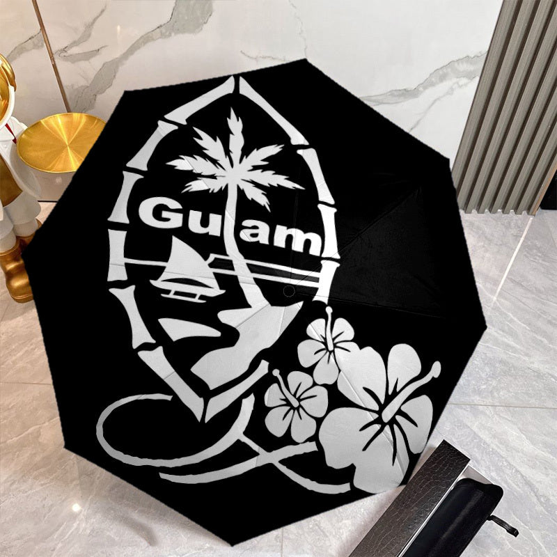 Automatic Open/Close Umbrella with One-Touch Button - Automatic Opening & Closing, Compact Travel Umbrella with Hibiscus Flower & Guam Design - Black & White Tropical umbrella for Men & Women, Windproof 8-Rib Sturdy Frame, On