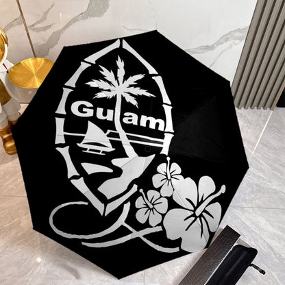 Automatic Open/Close Umbrella with One-Touch Button - Automatic Opening & Closing, Compact Travel Umbrella with Hibiscus Flower & Guam Design - Black & White Tropical umbrella for Men & Women, Windproof 8-Rib Sturdy Frame, On