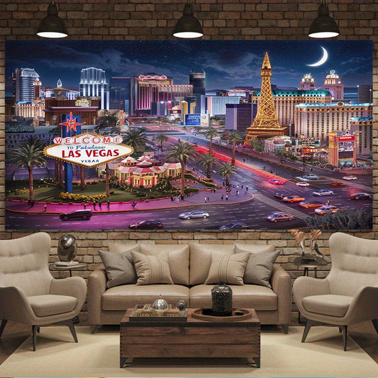 1pc Las Vegas Night Scene Polyester Banner - Vibrant Cityscape with Eiffel Tower, Lights, and "Welcome to Fabulous Las Vegas" Sign - Ideal for Home, Room, or Party Decor, Party Backdrop | Urban Night Theme | Durable Decor Mat